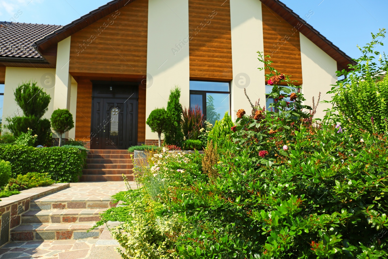 Photo of Beautiful green garden near modern house on sunny day