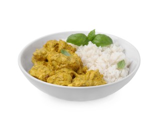 Photo of Delicious rice and chicken with curry sauce isolated on white