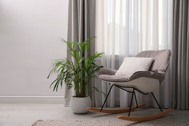 Comfortable rocking chair and beautiful plant near window indoors