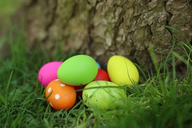 Easter celebration. Painted eggs on green grass