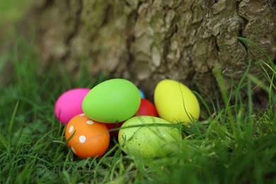 Photo of Easter celebration. Painted eggs on green grass