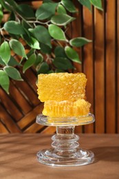 Photo of Glass stand with natural honeycombs on wooden table