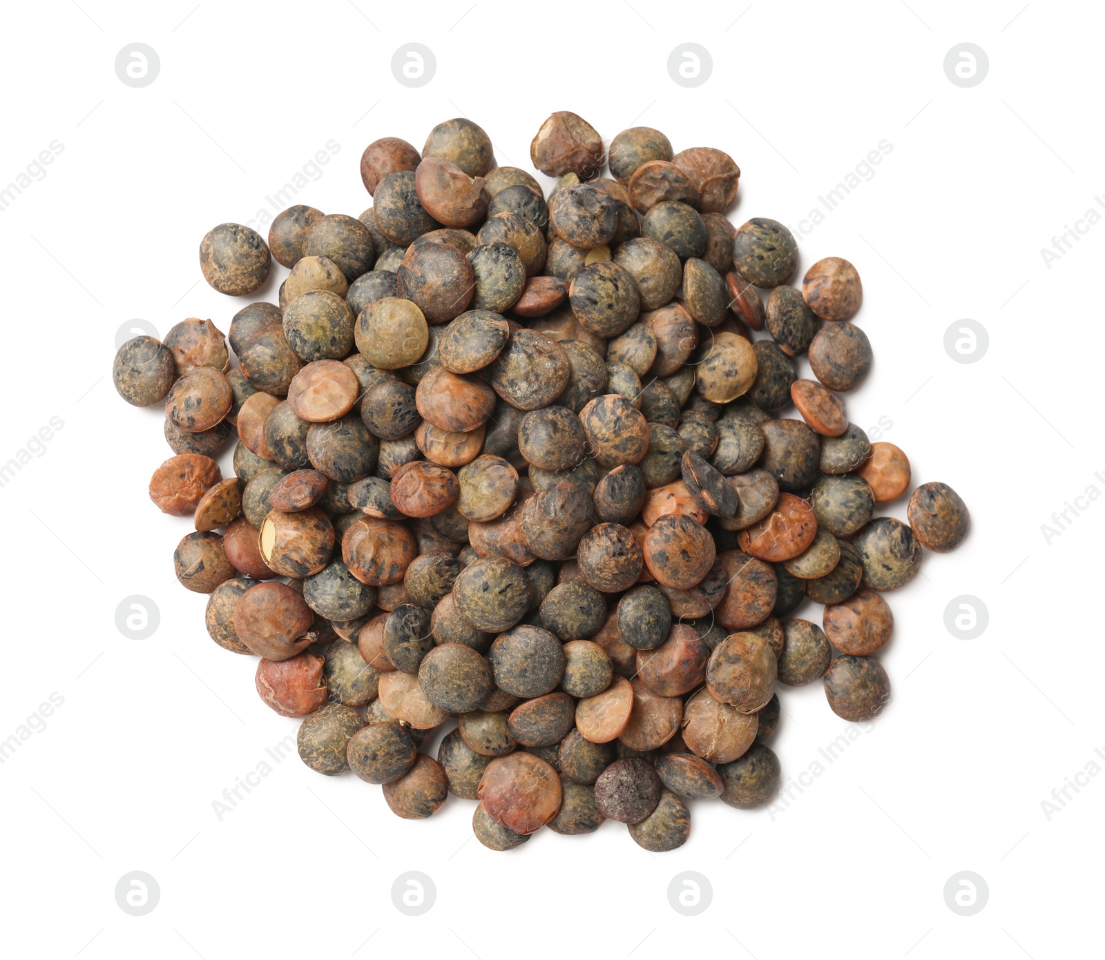 Photo of Pile of raw lentils isolated on white, top view
