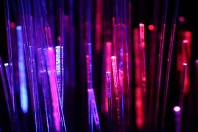 Optical fiber strands transmitting different color lights on black background, macro view