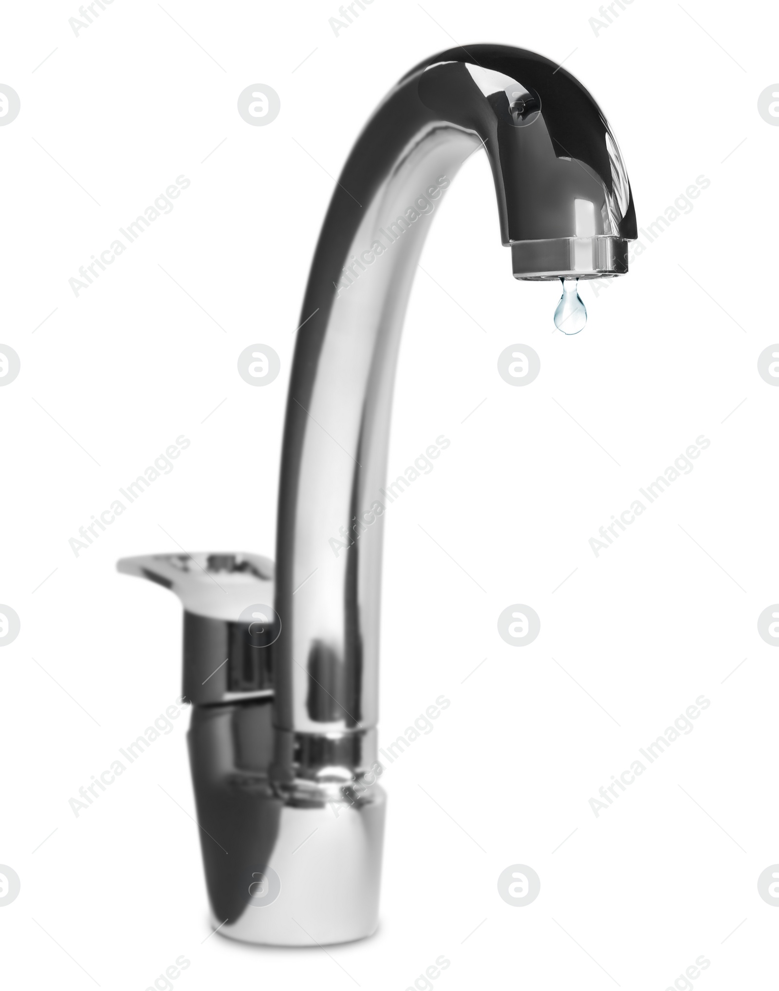 Image of Water drop flowing from tap on white background