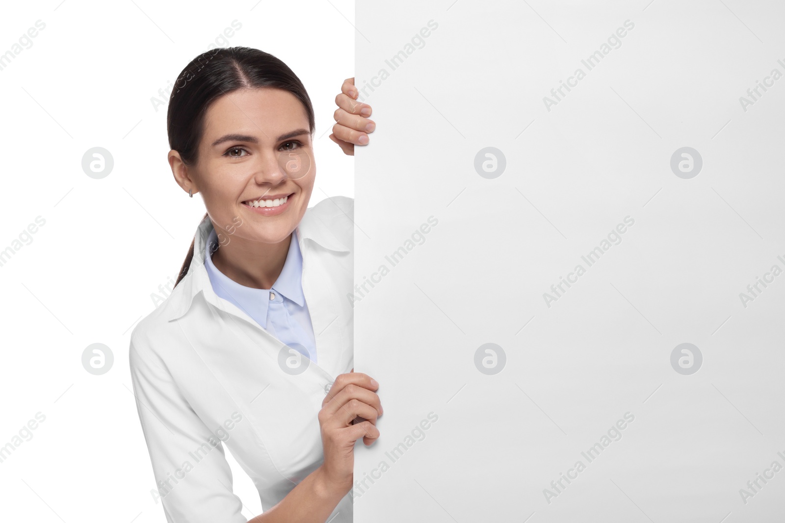 Photo of Ophthalmologist with blank banner on white background, space for text