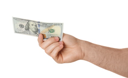 Photo of Man with dollar bill on white background, closeup