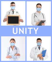 Image of Unity concept. Collage with team of doctors wearing medical masks