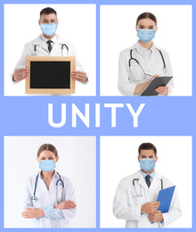 Unity concept. Collage with team of doctors wearing medical masks