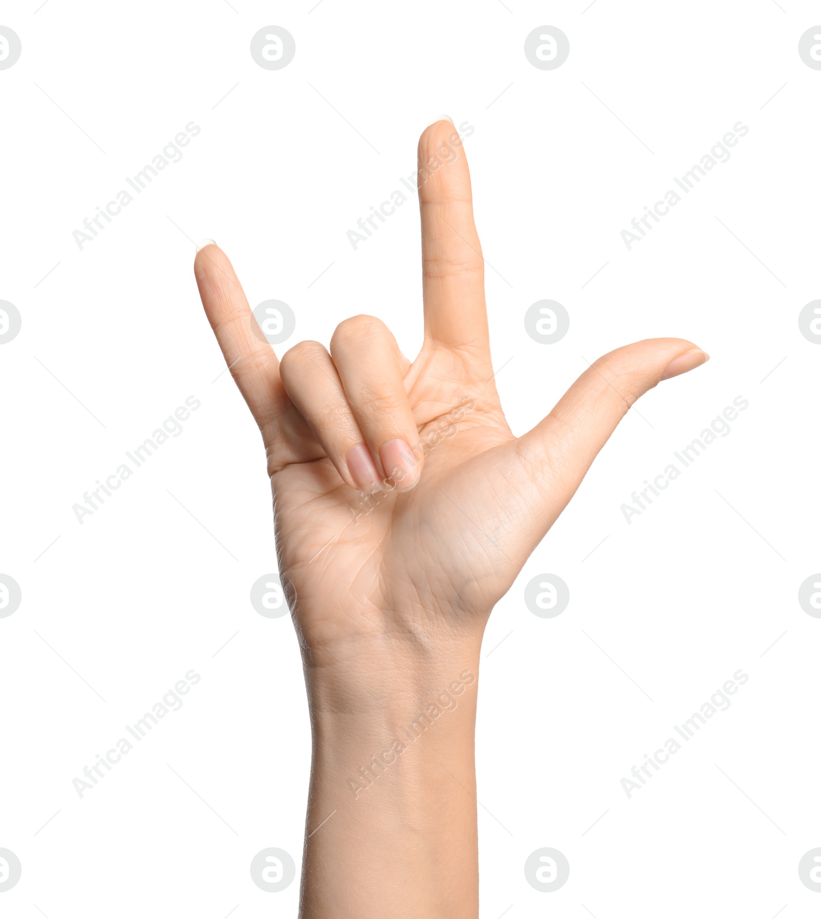 Photo of Woman showing hand sign on white background, closeup. Body language