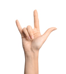 Photo of Woman showing hand sign on white background, closeup. Body language