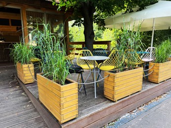 Photo of Beautiful outdoor cafe with modern furniture and potted plants