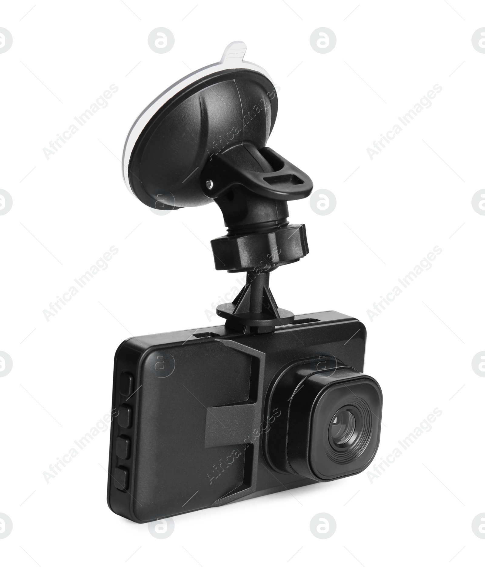 Photo of Modern car dashboard camera with suction mount isolated on white