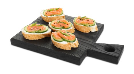 Photo of Tasty canapes with salmon, cucumber and cream cheese isolated on white