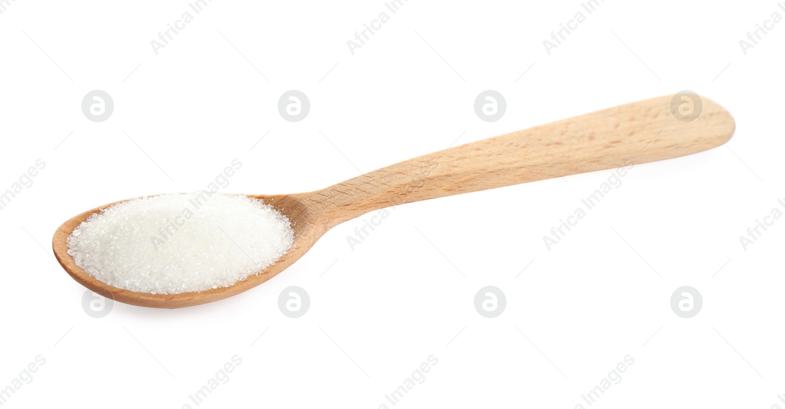 Photo of Granulated sugar in spoon isolated on white