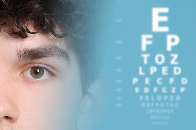 Vision test. Man and eye chart on light blue background