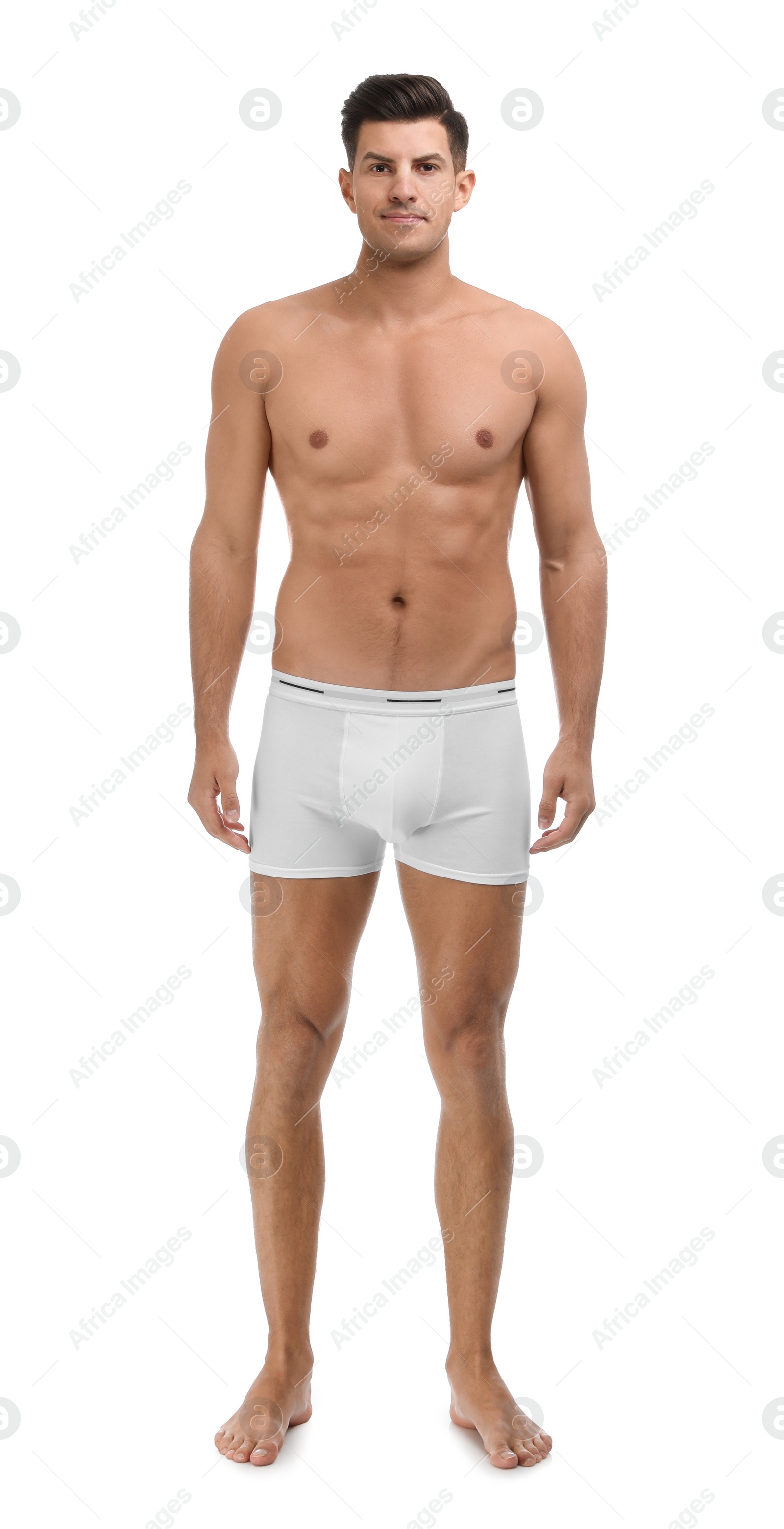 Photo of Handsome man in underwear on white background