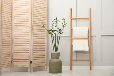 Photo of Vase with green bamboo stems, folding screen and ladder on floor in room. Interior design