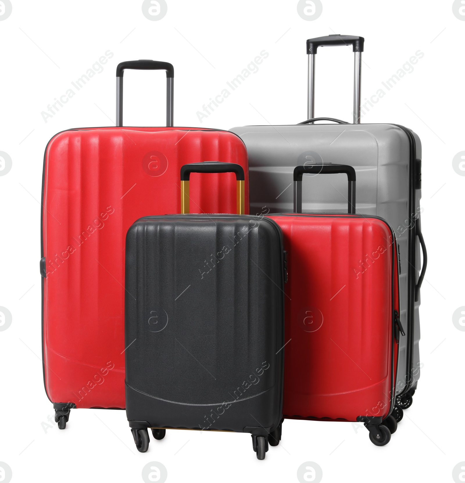 Photo of Modern suitcases for travelling on white background