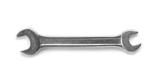 Photo of New wrench on white background, top view. Plumber tools