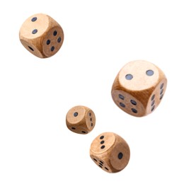 Four wooden dice in air on white background