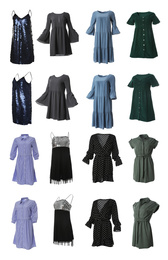 Image of Set of different stylish dresses on white background