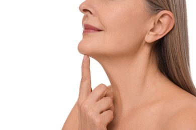 Photo of Mature woman with healthy skin on white background, closeup