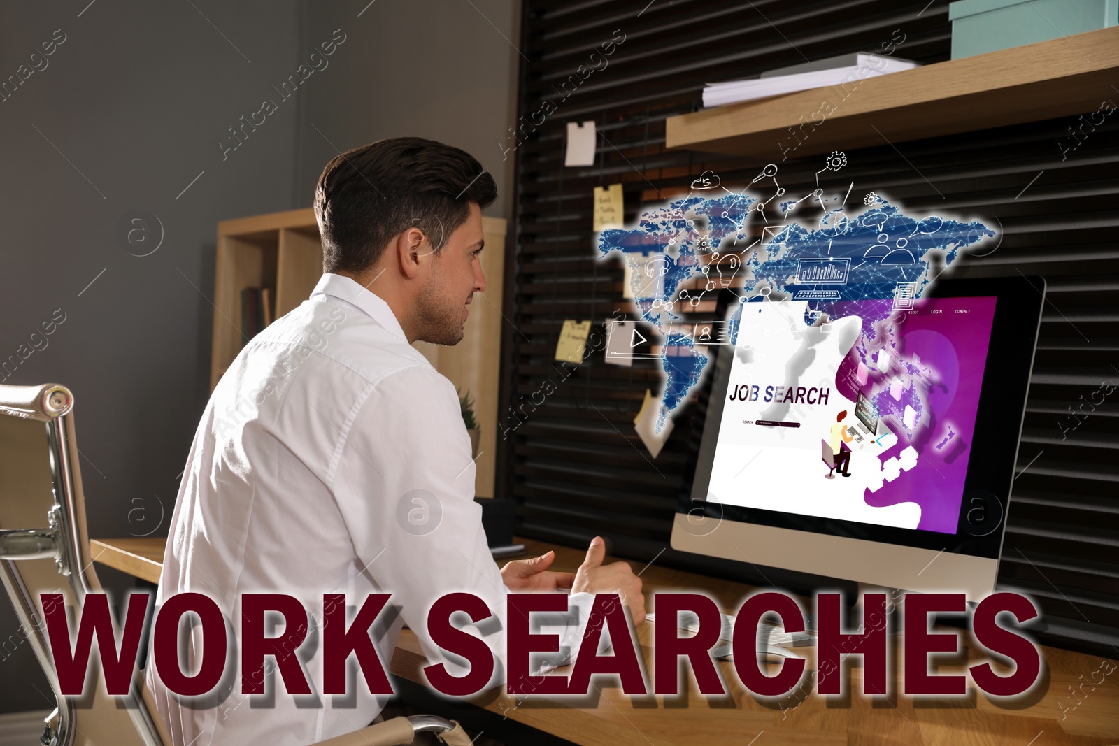 Image of Man using modern computer in office. Work searches