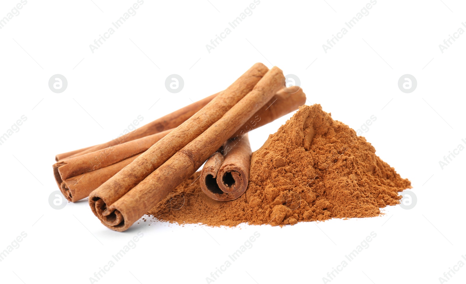 Photo of Aromatic cinnamon sticks and powder on white background