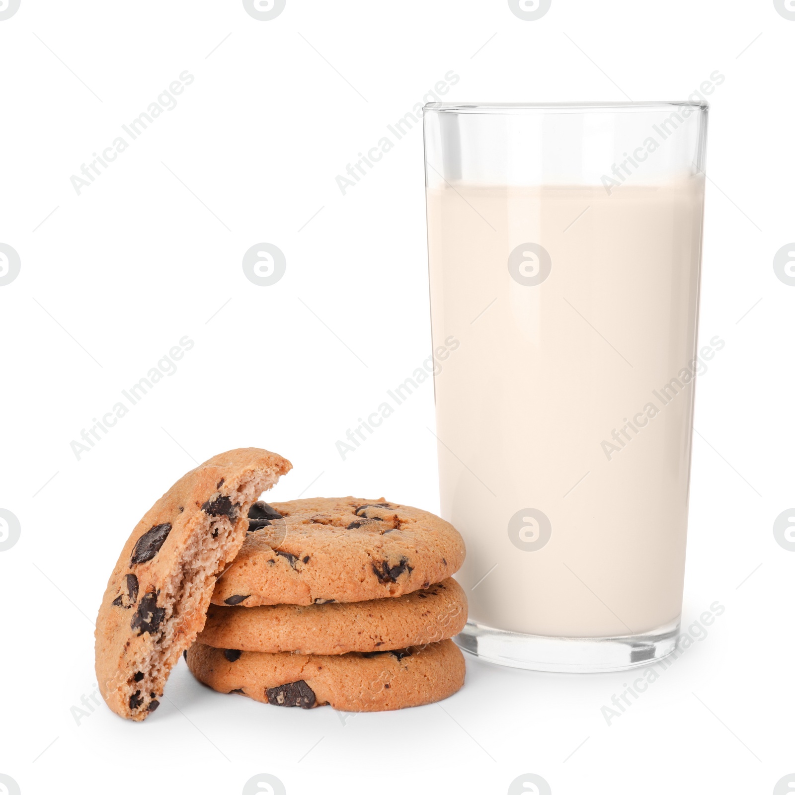 Photo of Delicious chocolate chip cookies and milk isolated on white