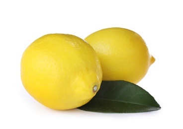 Ripe fresh lemon fruits and leaf on white background