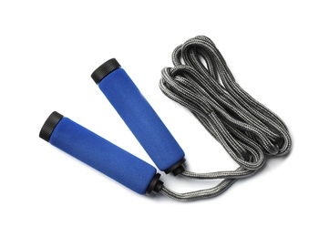 Photo of Jump rope on white background, top view. Sports equipment