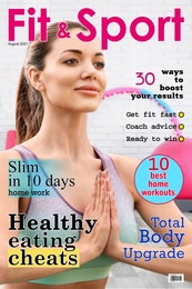 Image of Fit & Sport magazine cover design. Woman practicing yoga in gym