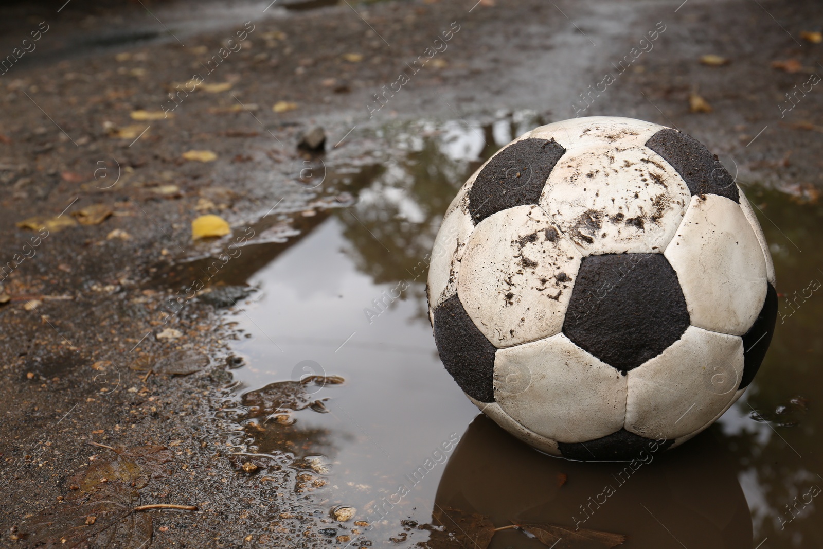 Photo of Dirty soccer ball in muddy puddle, space for text