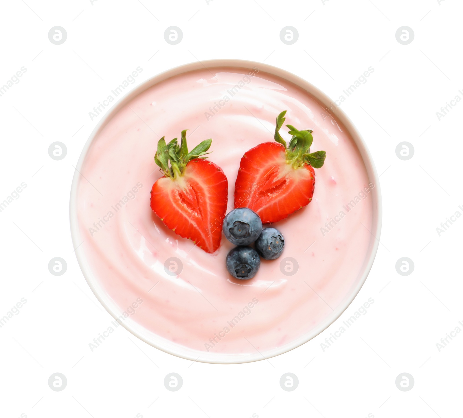 Photo of Bowl with tasty yogurt and berries on white background, top view