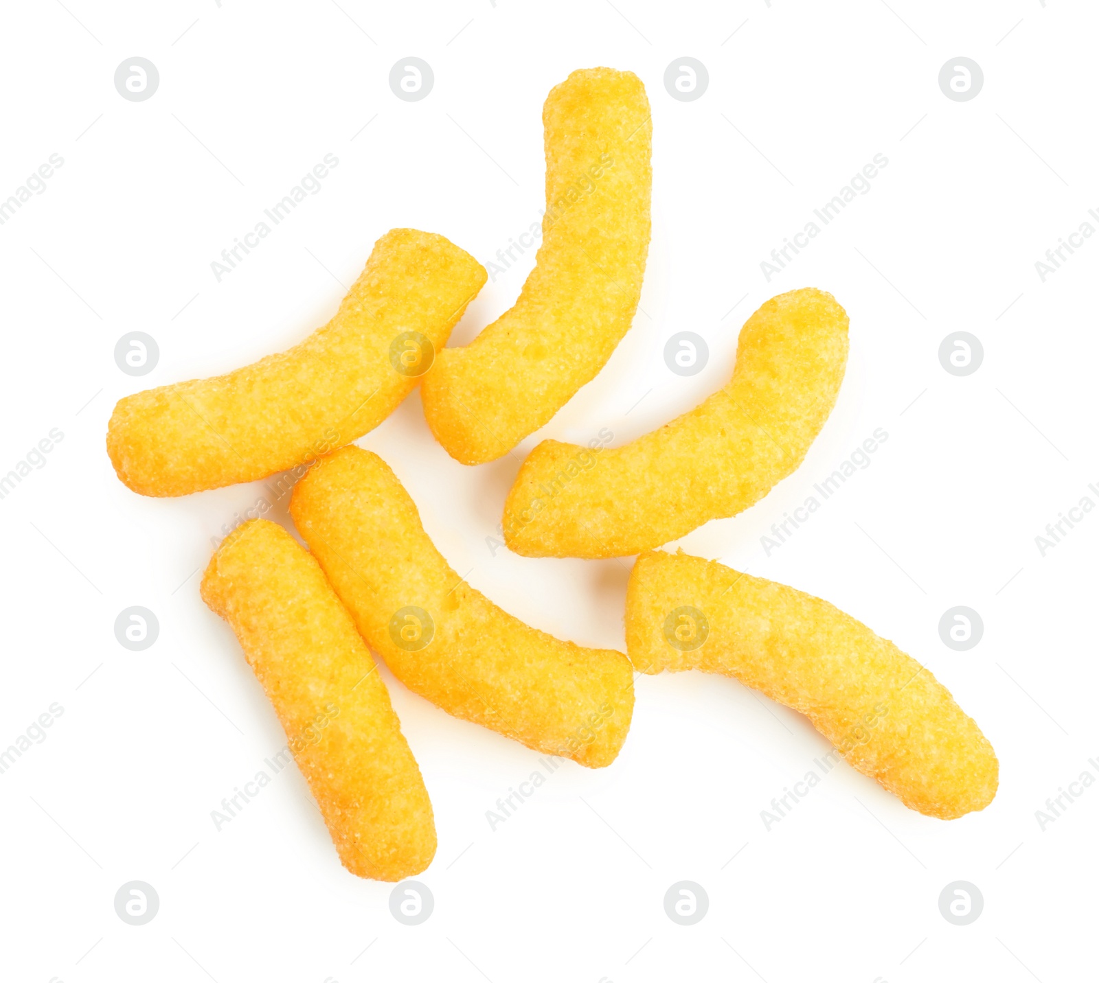 Photo of Tasty cheesy corn puffs isolated on white, top view