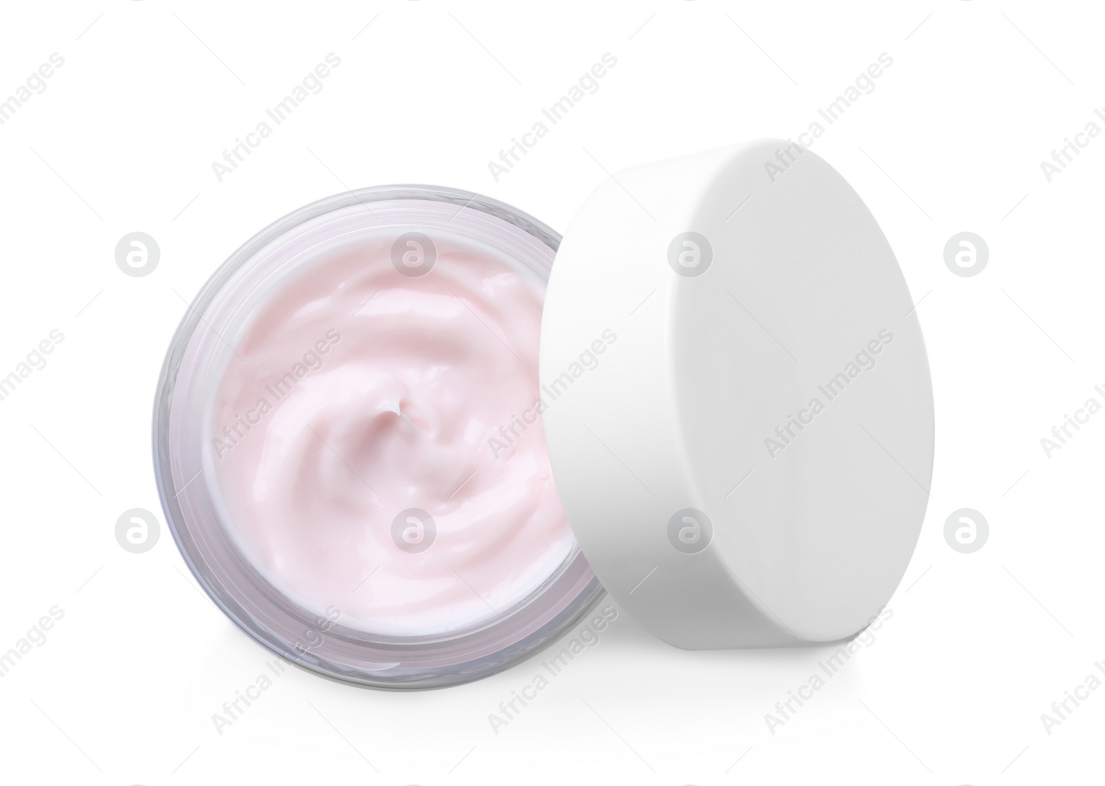 Photo of Jar of body cream isolated on white, top view