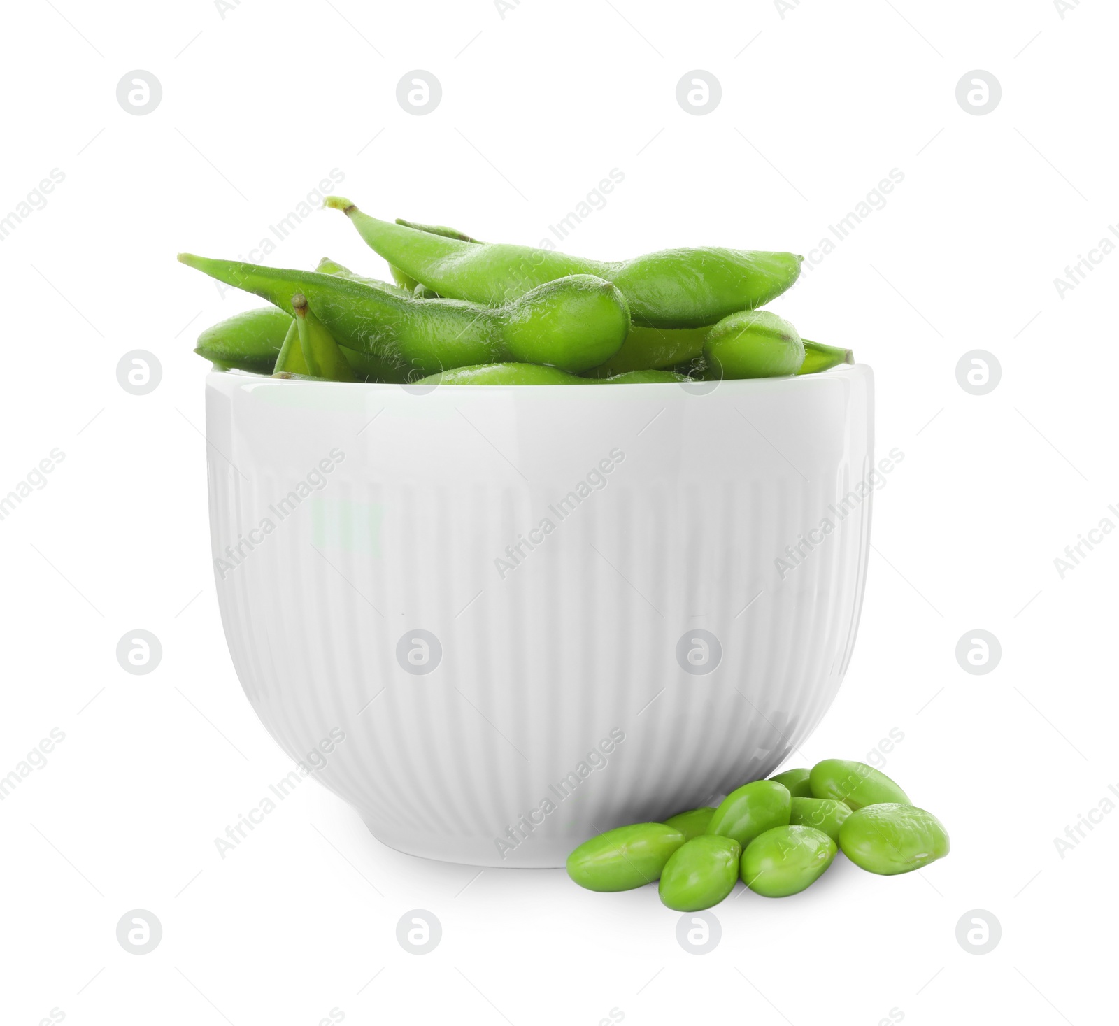 Photo of Bowl with green edamame pods and beans on white background