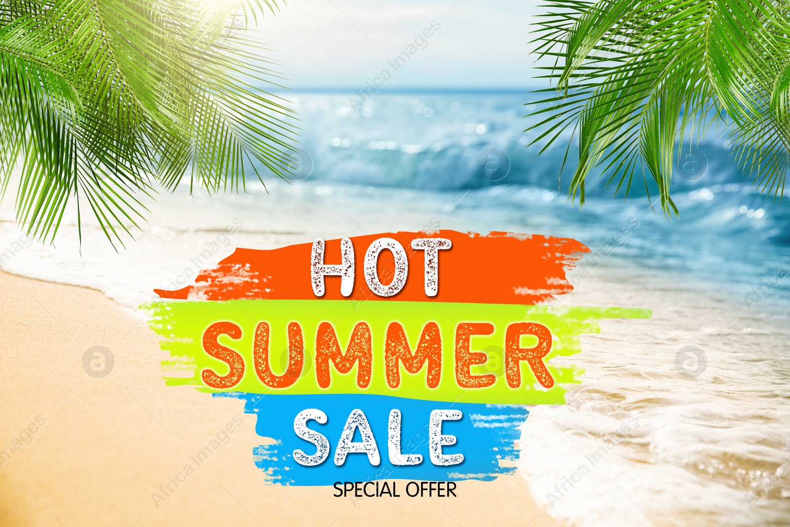 Image of Hot summer sale flyer design. Beautiful view on sandy beach near sea and text