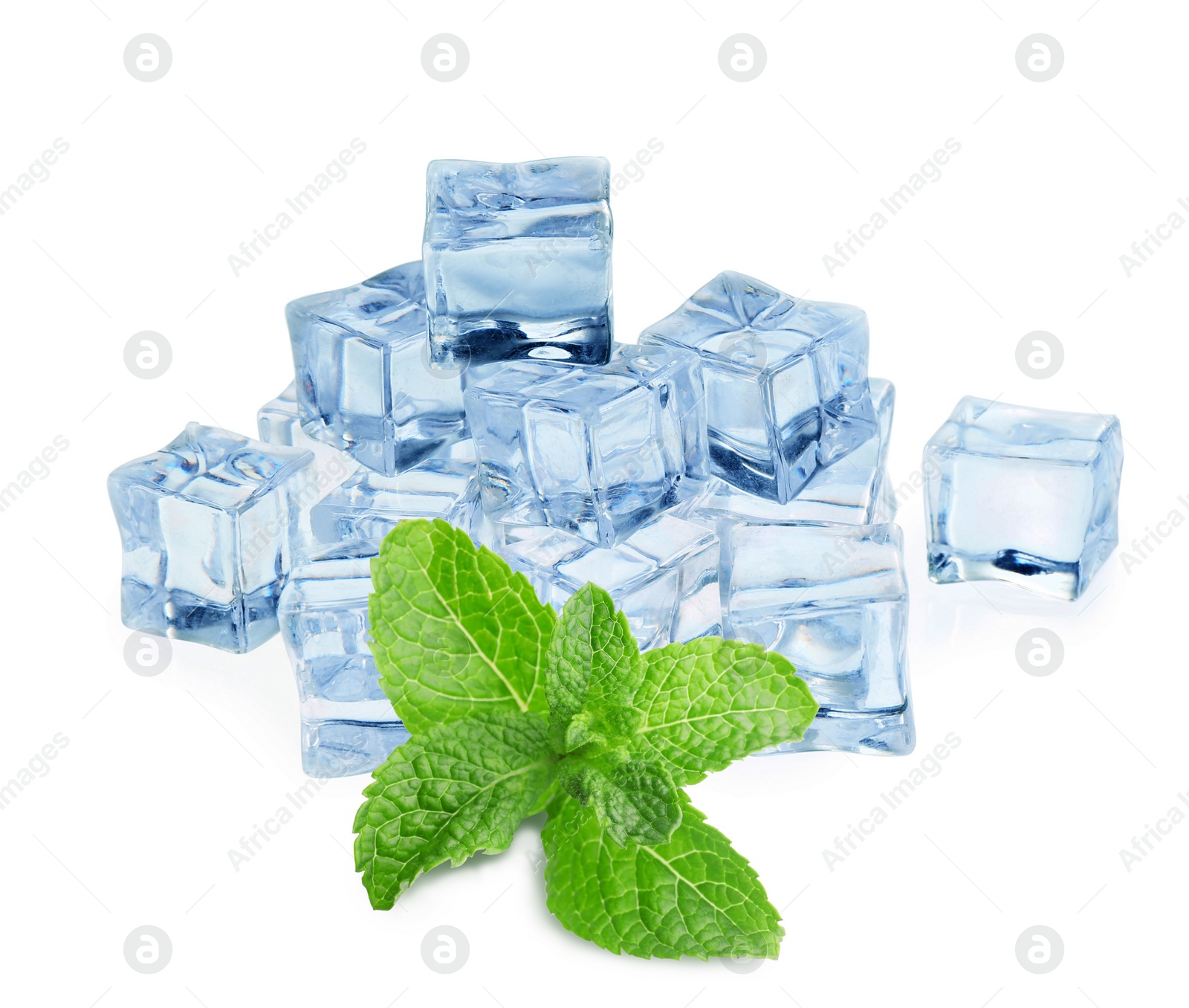 Image of Ice cubes and green mint leaves on white background