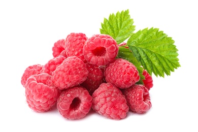 Photo of Delicious fresh ripe raspberries with leaves on white background