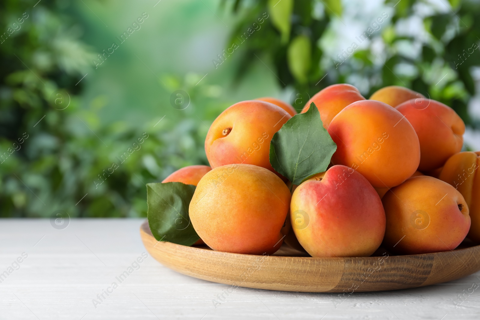 Photo of Many fresh ripe apricots on white table against blurred background