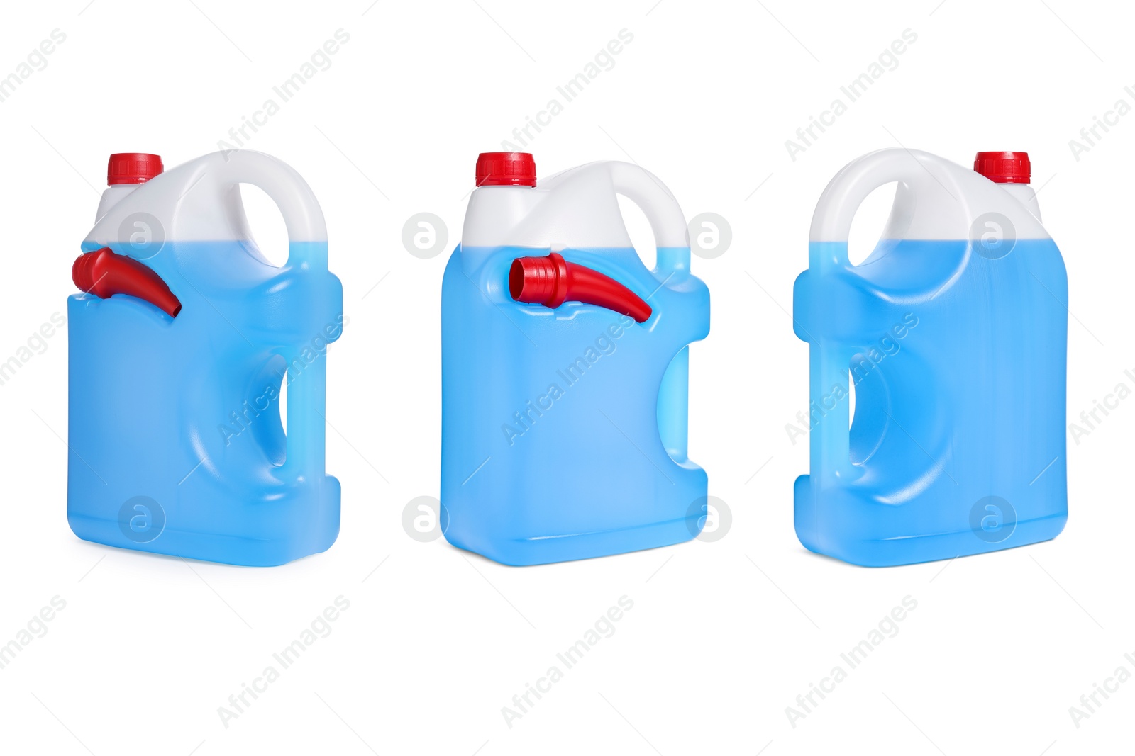 Image of Plastic canister with light blue liquid on white background, different sides