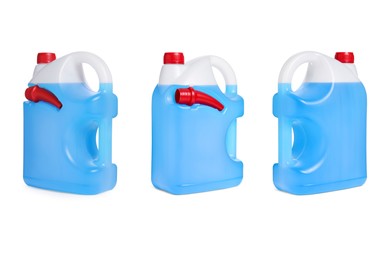 Plastic canister with light blue liquid on white background, different sides