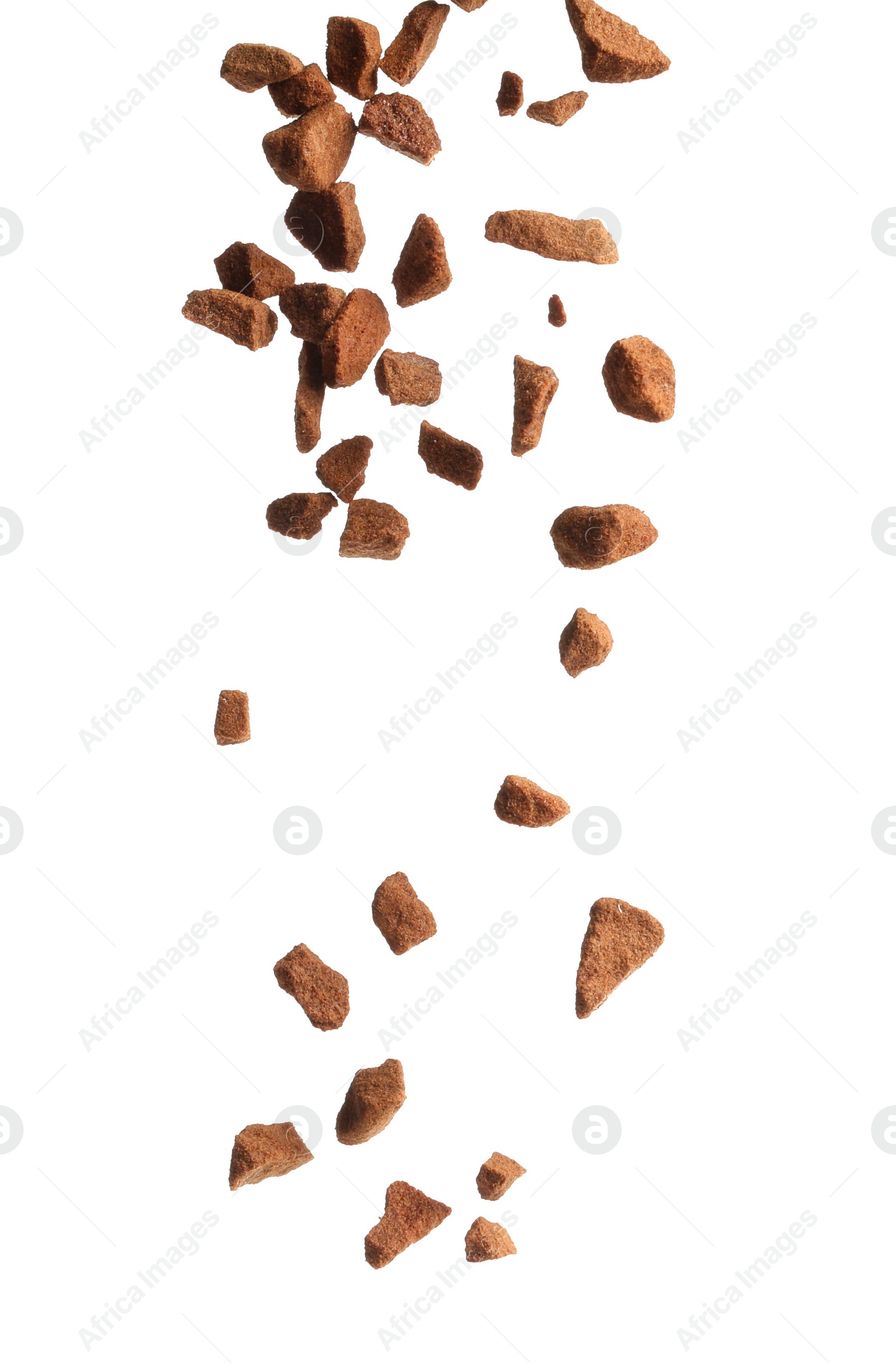 Photo of Pouring aromatic instant coffee on white background