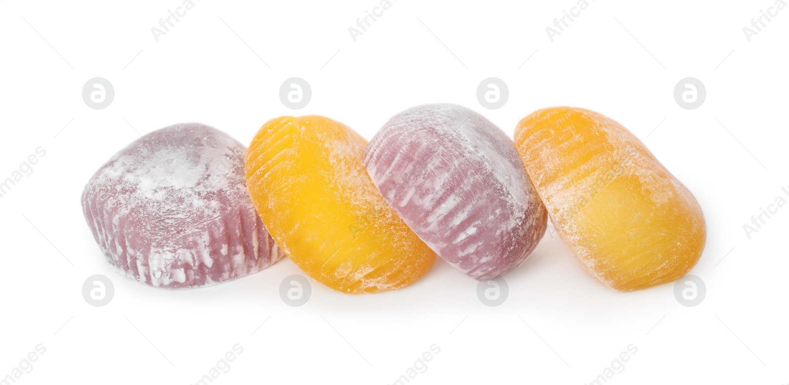 Photo of Different delicious mochi on white background. Japanese cuisine