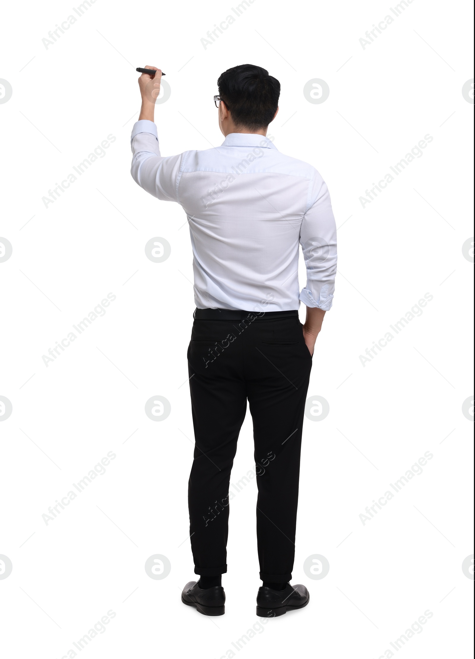 Photo of Businessman with marker writing on white background, back view