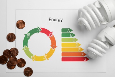 Photo of Flat lay composition with energy efficiency rating chart, coins and light bulbs on white background