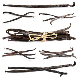 Image of Set with dried vanilla pods on white background