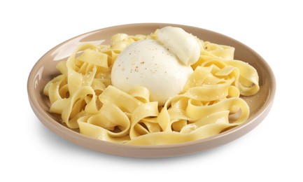 Photo of Delicious pasta with burrata cheese isolated on white